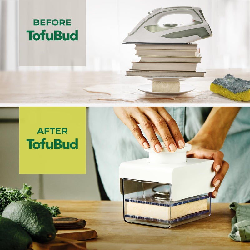 TofuBud Tofu Press - ضاغط التوفو من أجل قوة أو قوة إضافية، ضغط التوفو آمن للاستخدام في غسالة الأطباق - صانع التوفو مع تصريف المياه مصنوع من مواد مستدامة متينة - يتضمن كتاب طبخ التوفو - Image 2